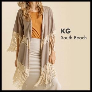 Linen Blend Crochet/Fringe Hem Detail Open Kimono